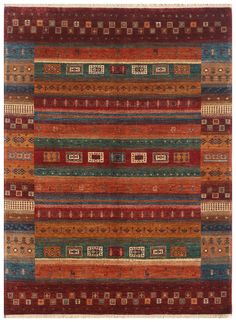 a multicolored rug with many different patterns