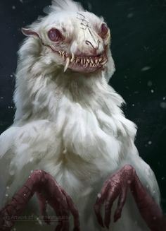 an illustration of a creature with teeth and blood on it's face, standing in the snow