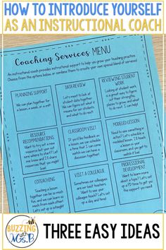 a blue menu with the words coaching menu, powerpoint and more written on it