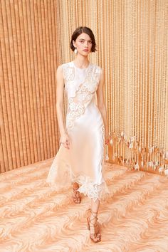 Kaia Dress - Cowrie White Silk Lace Sleeveless Midi Dress - Ulla Johnson White Silk And Lace Dress, Ulla Johnson White Dress, Wedding 2nd Dress, Vintage Midi Wedding Dress, Bridal Midi Dress, Casual Bridal Outfit, High Fashion Dresses Couture, Pearlescent Dress, Draping Wedding Dress