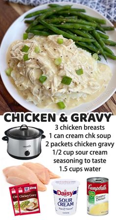 chicken and gravy recipe on a white plate with green beans, mashed potatoes