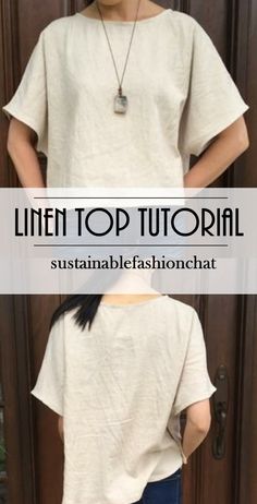 a woman standing in front of a door with her back turned to the camera and text overlay that reads, linen top tutor