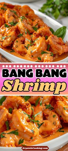 two photos of bang bang shrimp in sauce