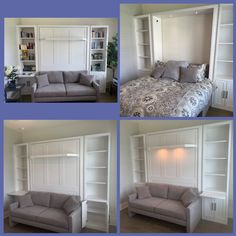 four different pictures of the same room with couches, bookshelves and bed