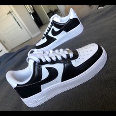 Women’s Custom On And Off Black Air Force 1s Please Buy Correct Size! No Returns/Refunds/Exchanges!!!! Custom Made! Nike Air Force 1 Low’s Are One Of The Cleanest And Best Sneakers Around With A Slightly Cheaper Price Tag! Combined With The Simple Black Colour-Way They Become A Customised Wonder And A Pair Of Kicks Any Sneakerhead Can Rock With Confidence With Any Outfit! This Design Is Painted Using Angelus Acrylic Leather Paints For The Highest Quality Finish Possible On Custom Shoes! Tenis Nike Force One, Classic Black Custom Nike Sneakers, Air Force 1 Black And White, Nike Air Force One Black And White, Nike Air Force 1 Black And White, Air Force Shoes Black And White, White Nike High Tops, Nike Air Force 2 Black And White, High Top Tennis Shoes