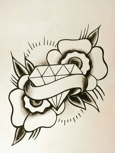 a drawing of a rose with a diamond in the middle and a ribbon around it