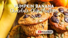 pumpkin banana chocolate chip muffins stacked on top of each other