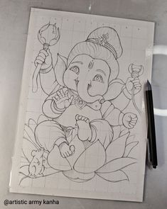 Gnash Ji Drawing, Ganashpati Drawing, Drawing Ideas Of God, God Drawing Ideas, Ganesh Painting Easy, Sketch Ideas For Kids, Gods Drawing Sketch