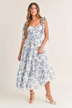 Savannah Floral Maxi Dress – THE LUCKY KNOT Cindy Dress, Flower Maxi Dress, Floral Bustier, Midi Sundress, Blue Florals, Bra Cup, Chiffon Floral, Tiered Midi Dress, Dresses By Length