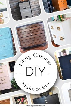 the words living cabinet diy makeovers are overlaid with photos of different dressers