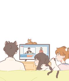 two people sitting on a couch watching tv with cats laying on their backs and one person holding a cat