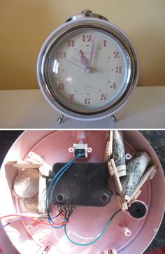 two pictures one with an alarm clock and the other with money in it's holder