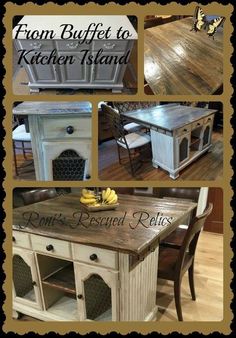 an advertisement for a kitchen island made out of wood and painted white with black lettering