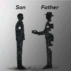 two people standing next to each other with the words son and father written on them