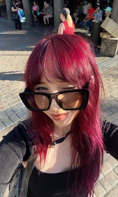 Maroon Pink Hair, Medium Red Hair Color, Under Dyed Hair, Red Hair Dye Colors, Medium Red Hair, Red Hair Outfits, Red Hair With Bangs, Red Violet Hair, Hair Color Guide