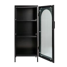 an open black cabinet with two shelves on one side and a door on the other