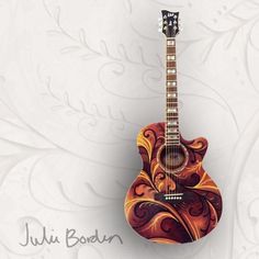 an acoustic guitar is decorated with swirls and leaves on a white wallpapered background