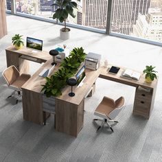 an office desk with plants on it in front of a large window overlooking the city