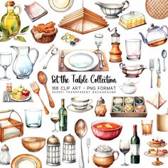 a collection of watercolor kitchen items and utensils, including plates, knives, spoons