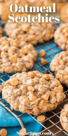 oatmeal cookies on a cooling rack with text overlay that says, oatmeal scootches