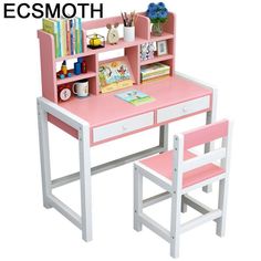 a pink desk and chair with bookshelf in the middle, on a white background