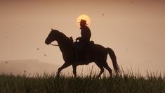 a man riding on the back of a horse across a lush green field at sunset