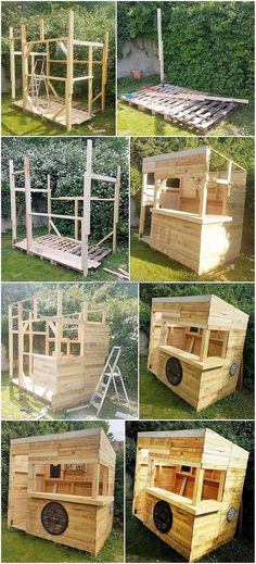 several pictures of different types of wooden structures in various stages of being built and assembled