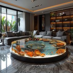 a living room filled with furniture and a fish tank in the middle of the floor