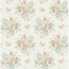 a floral wallpaper pattern with pink, yellow and blue flowers on a white background