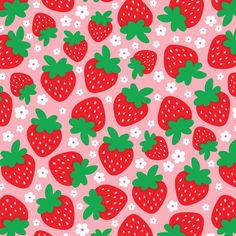 a pink background with green and red strawberries