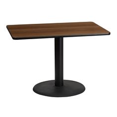 a square table with a black base and a wooden top on an isolated white background