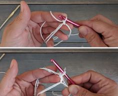 two pictures showing how to crochet with yarn