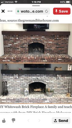 an old brick fireplace with a tv above it