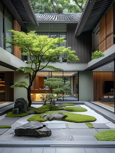 an indoor courtyard with green grass and rocks in the foreground, surrounded by trees