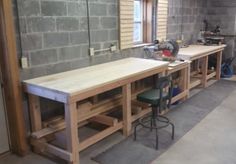 a workbench with two stools in front of it