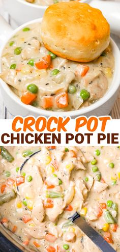 chicken pot pie in a white bowl with a serving spoon on the side and an image of