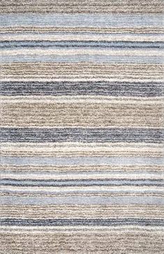 an area rug with multicolored stripes in grey, blue and beige colors on the floor