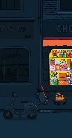 an animated image of a store front with a vending machine in the window at night