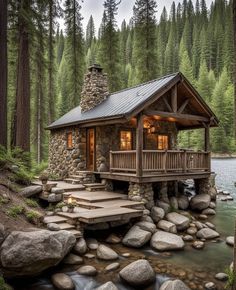 a small cabin sits on the edge of a river with rocks and trees around it