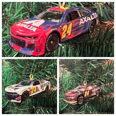 three different pictures of cars hanging from a christmas tree with pine branches in the background