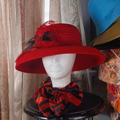 A Red Kathy Jeanne Year-Round Felt Hat Accentuated With Red Sequin Surrounded With Black And Red Feathers. Brand: New York Condition: Nwot Color: Red And Black Size: 22" Diameter Red Top Hat For Spring Church, Red Top Hat For Spring Church Events, Red Brimmed Costume Hat One Size, Red Mini Hats For Spring, Elegant Red Felt Hat For Formal Occasions, Red Brimmed Mini Hat For The Beach, Red Brimmed Mini Hat For Beach, Red Short Brim Top Hat For Spring, Fitted Red Brimmed Top Hat