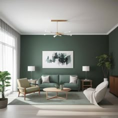 a living room with green walls and furniture