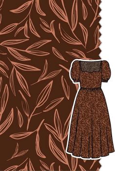 an illustration of a dress on a brown background with leaves in the foreground and below