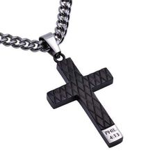 Ships in 1 to 2 business days This black cross necklace has an inspiring message that gives you comfort wherever you go. Front side has engraved diamond pattern with polished bottom tab that reads: "PHIL. 4:13." Back side is laser engraved and reads: "I Can Do All Things Through Christ Who Strengthens Me." Comes with upgraded 316L stainless steel chain with lobster clasp Cross size: 1 1/2" x 1" Available with 20" or 24" chain Black Cross Necklace, Nails Necklace, Mens Cross Necklace, Christian Men, Mens Crosses, Armor Of God, Black Cross, Godly Man, Philippians 4