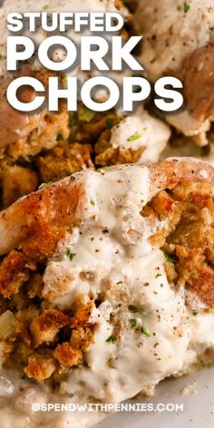 stuffed pork chops with gravy on top