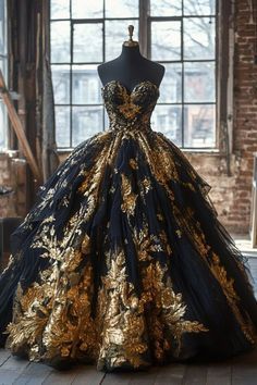 Black And Gold Fantasy Dress, Dresses For A Ball, Black Gold Wedding Dress, Prom Dresses Black And Gold, Black And Gold Quinceanera Dresses, Black And Gold Wedding Dress, Unique Ball Gowns, Black And Gold Ball Gown, Gold Ballgown