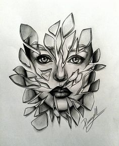 a drawing of a woman's face with leaves coming out of her face and the eyes