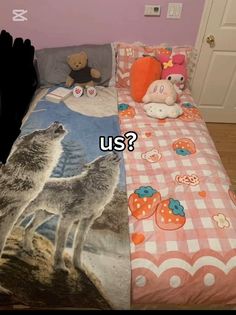 an unmade bed with two stuffed animals on it and the words u s?