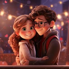 an animated couple hugging each other in front of lights and confetti falling from the sky