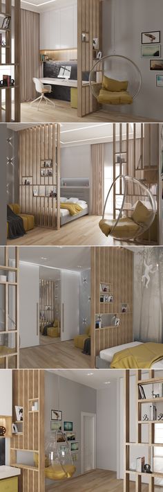 four different views of a bedroom with bunk beds and other rooms in the same room